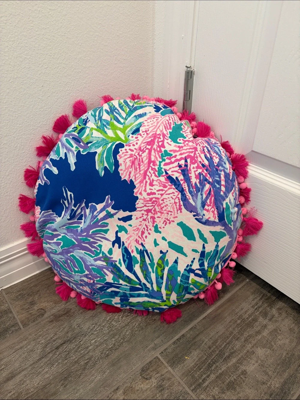 Lilly Pulitzer Round Tropical Tassel Pillow in Pink, Blue & Green